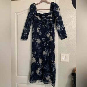 Abercrombie & Fitch Navy Floral Long Sleeve Midi Dress